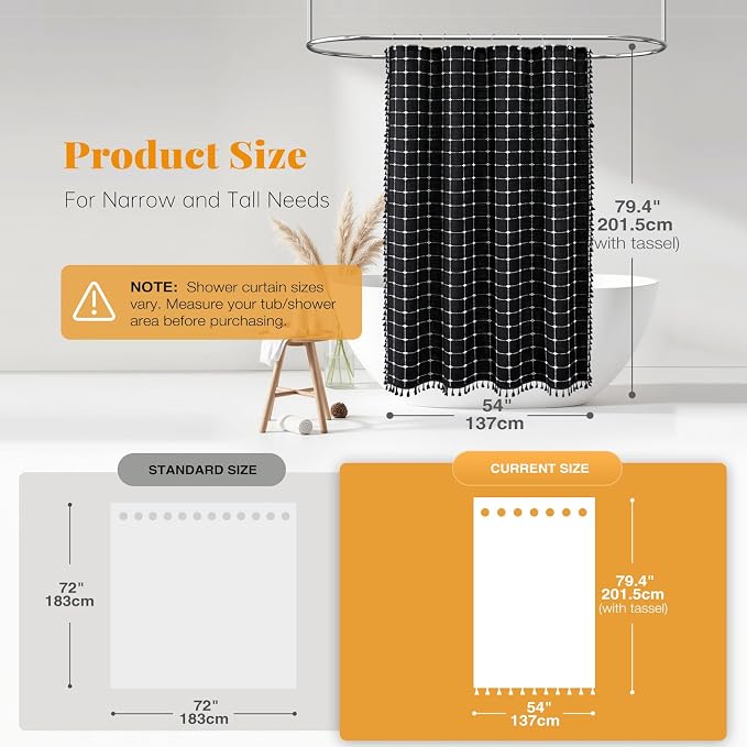 54x78 Boho Farmhouse Linen Heavy Duty Shower Curtain, Black and White | Narrow Long Size, 330GSM Linen Blend, 3-side Tassels, Waterproof Fabric, 10 Plastic Hooks, Rustic Bohemian, Machine Washable