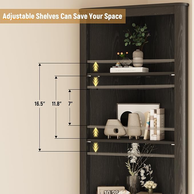 69" Tall Corner Shelf with Doors, 6-Tier Corner Storage Cabinet with Doors, Space Saver Shelf for Bathroom, Bathroom Floor Cabinet for Living Room Kitchen, Hallway