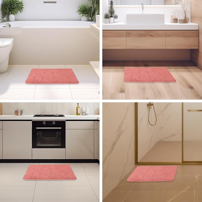 Coral Bathroom Rugs – Absorbent and Washable Bath Mat, Non-Slip, Thick Soft Chenille Bath Rugs for Bathroom Floor, Shower, Sink - 17" x 24"