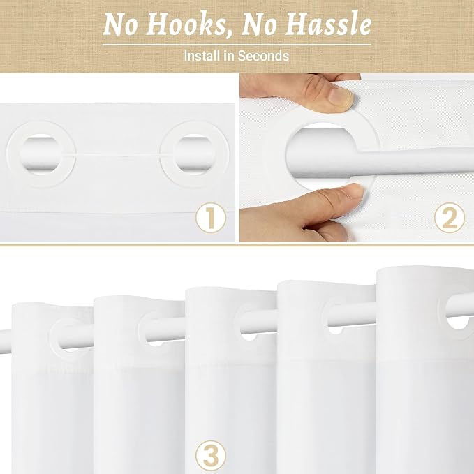 WONICY No Hook Linen Look Shower Curtain with Snap-in Liner, White, 71 x 80 | Ringless, Waterproof & Washable, Hotel Style, Mesh Top Window, Bottom Magnets, Thick, Farmhouse, for Bathroom