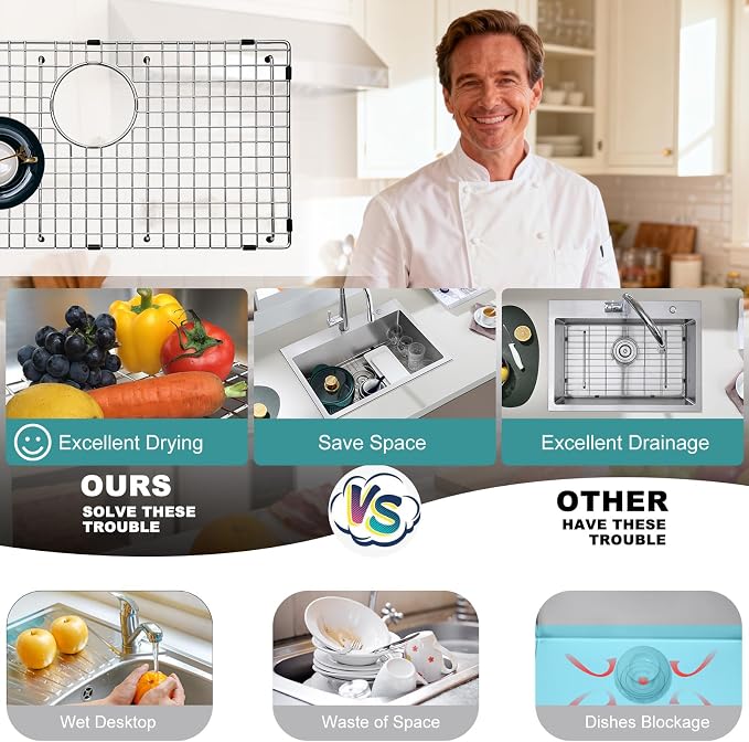 Stainless Kitchen Sink Protector - 30" x 17" with Rear Drain | S304 Sink Grids for Bottom of Kitchen Sink, Rear Drain for Single Bowl Kitchen Sink with Corner Radius