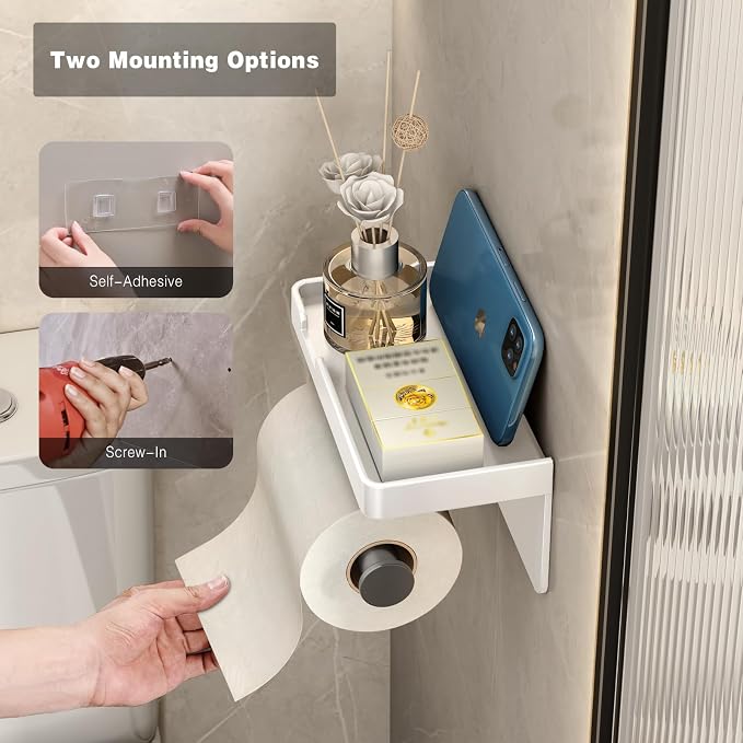 VOLDRA Toilet Paper Holder with Phone Shelf, Self-Adhesive or Screw Toilet Tissue Roll Holder Wall Mount, Rustproof & Multifunctional Bathroom Toilet Paper Holder Storage Dispenser(White)