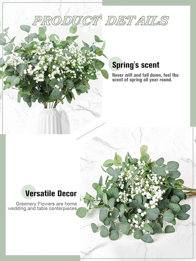 Beferr 5pcs Eucalyptus Stems & 6pcs Babys Breath Artificial Flowers Faux Greenery Bouquets for Wedding Table Centerpiece Home Decor