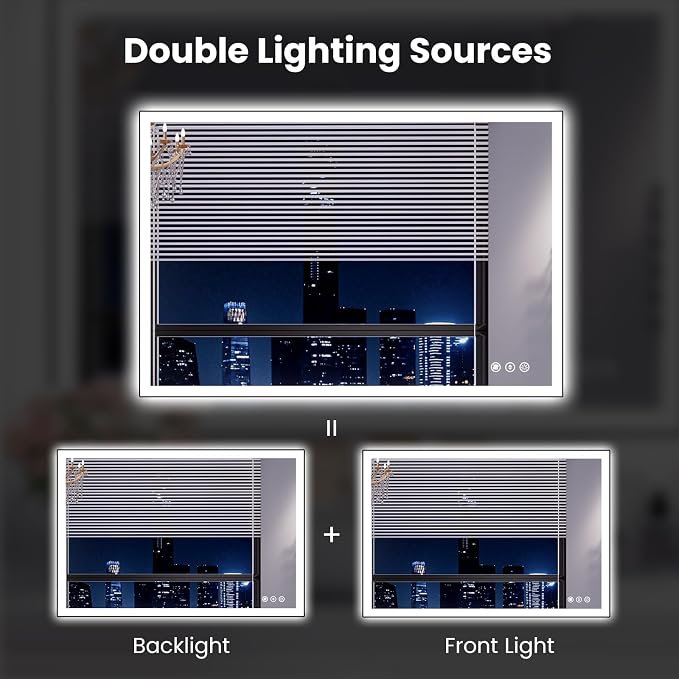 WTTY 40"x32" LED Bathroom Mirror with Black Frame | Aluminum Alloy Framed, Anti-Fog, Dimmable, 3 Color Temperature, Memory Function, Tempered Glass, Lighted Vanity Wall Mirror
