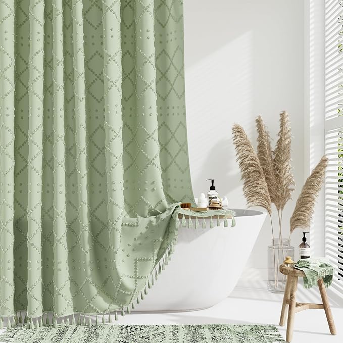 Long Boho Shower Curtain Tufted Geometric 72"x78" Sage Green | 78 Inch Tall, Elegant Tassel, Lightweight Textured Fabric, Water Repellent, Washable, Hotel Spa, for Bathroom/Dorm 12 Hooks