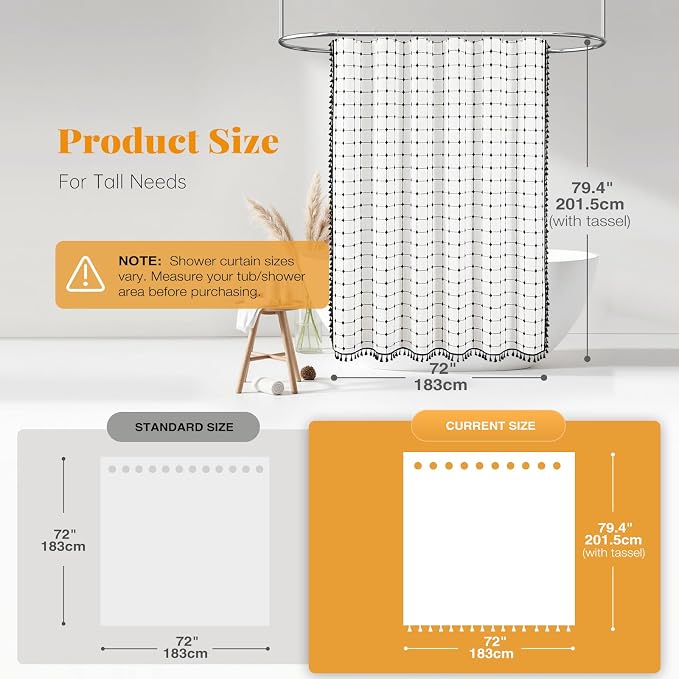 72x78 Boho Farmhouse Linen Fabric Shower Curtain Set, White and Black | Long Size, 330GSM Linen Blend, 3-side Tassels, Water Repellent Cloth, 12 Plastic Hooks, Rustic Bohemian, Machine Washable
