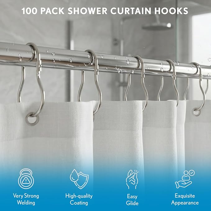 100 Pack Shower Curtain Hooks, 2.5" Metal Shower Curtain Rings, Made of Rust Resistant Nickle-Plated Steel, Pear Shaped Split Rings, Hanging Clips