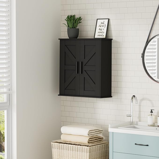 Homleke Bathroom Wall Cabinet, Medicine Cabinet with Adjustable Shelves | 3-Tier Wall Mounted Over Toilet Storage with Barn Doors, for Bathroom, Kitchen, Entryway, Laundry Room, Black, (7.9" D)