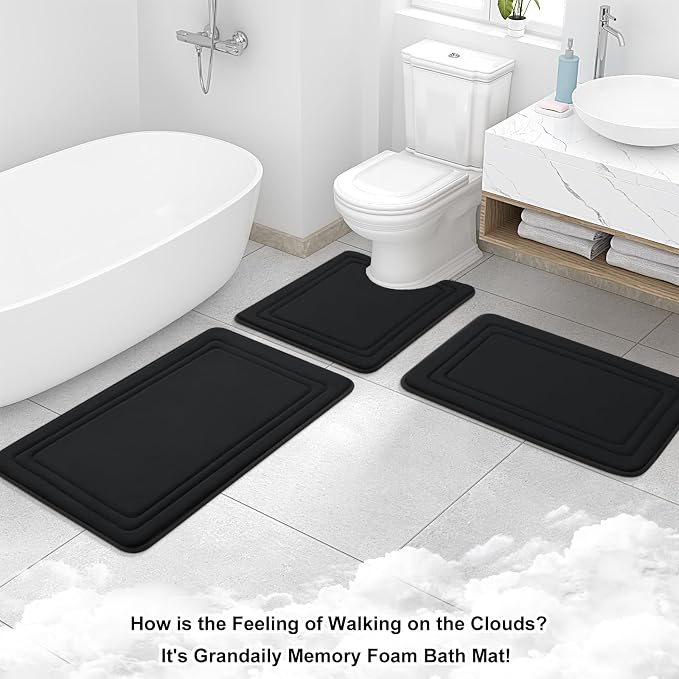 Grandaily Memory Foam Bath Mat Rug 59x34, Ultra Soft, Non-Slip and Absorbent Bathroom Rugs, Machine Wash Dry, Comfortable Bath Carpet for Bathroom Floor, Tub and Shower, Black