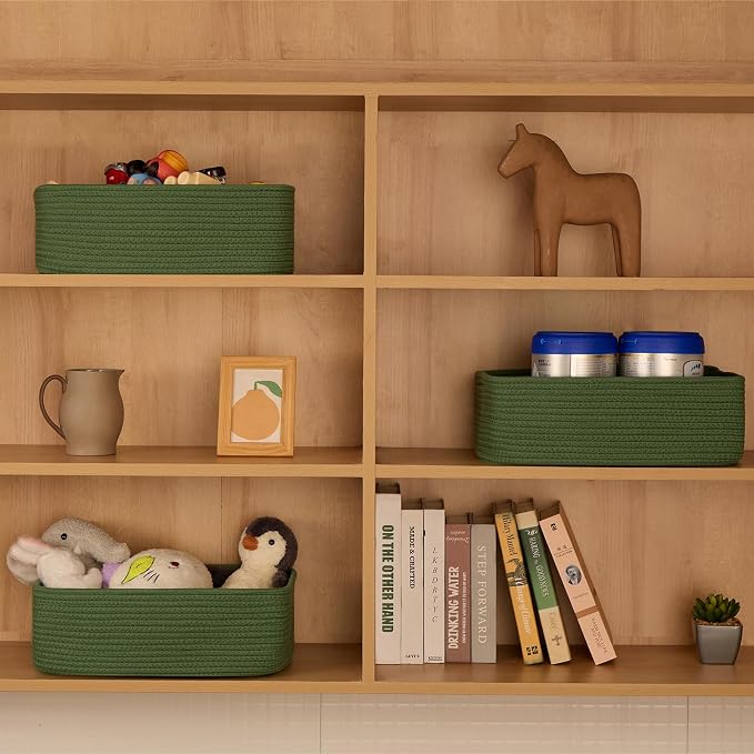 MiniArk Large Shallow Organizing Baskets 15x11x5.1 Inches - Rope Woven Storage Bins for Bathroom, Shelves, Cube Closet, Green 4 Packs