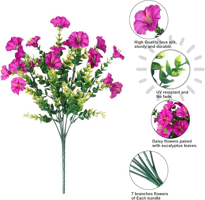 Artificial Flowers for Outdoors Fake Plants Outside Decoration, 12 Bundles Faux Fuchsia Morning Glory UV Resistant Look Real Silk Flowers for Outside Planter Front Door Porch Patio Yard Urn