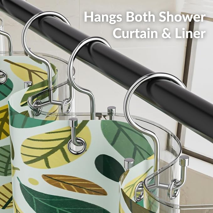 OEH Shower Curtain Hooks, 12 Pcs Shower Curtain Rings, Durable Silver Shower Curtain Hooks Rust Proof, Shower Rings for Curtain, Free Sliding Anti-Drop Double Shower Hooks for Shower Curtain, Chrome