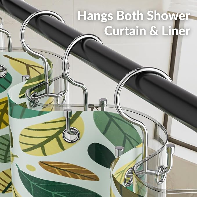 24 Pcs Shower Curtain Hooks, OEH Shower Curtain Rings, Durable Silver Shower Curtain Hooks Rust Proof, Shower Rings for Curtain, Free Sliding Anti-Drop Double Shower Hooks for Shower Curtain, Chrome