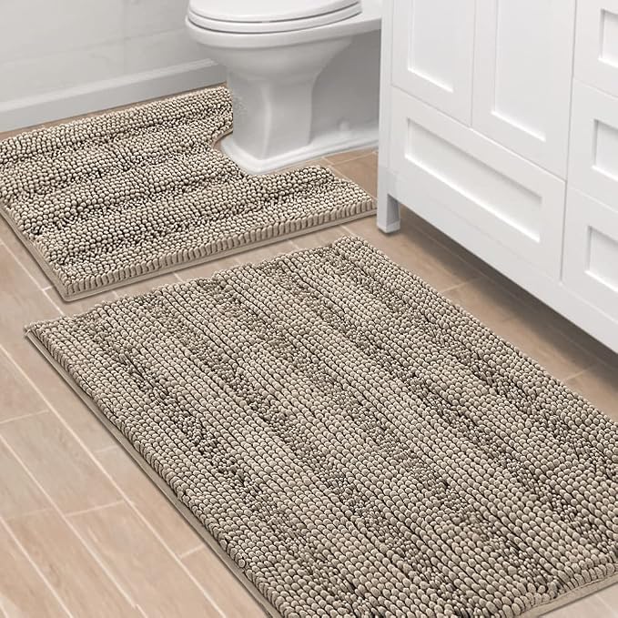 H.VERSAILTEX Bathroom Rugs Bath Rug Set 2 Piece Bathroom Contour Rug Toilet Mat Sets Non Slip Contour Bath Rug Ultra Thick Water Absorbent Striped Bath Mats Washable(36" x 24" Plus 20" x 24" U, Taupe)