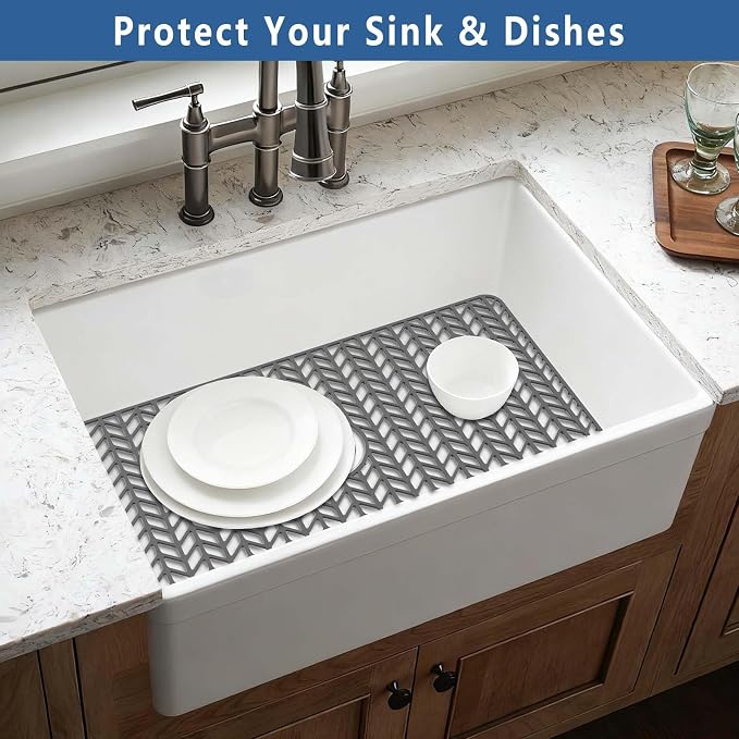 AWOKE Large Silicone Sink Protectors for Kitchen Sink, 30" x 16" Center Drain Hole, Sink Mat for Bottom of Farmhouse Kitchen Stainless Steel Sinks, Raised Feet/Heat Resistant/Non-slip (Gray)