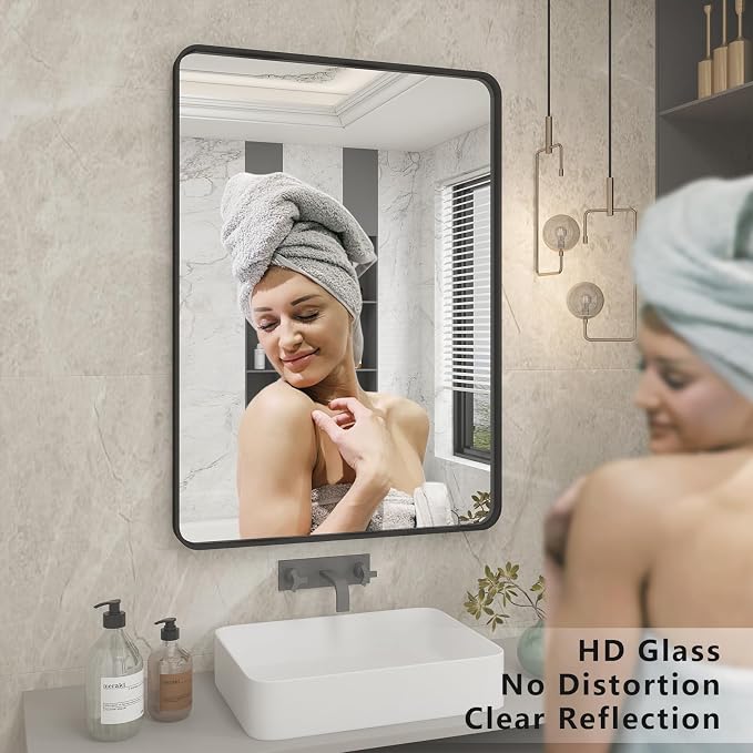 CHAMROR 24x32 Inch Black Metal Framed Bathroom Mirror for Wall | Rounded Rectangle Mirror, Matte Black Bathroom Vanity Mirror, Anti-Rust, Tempered Glass, Hangs Horizontally or Vertically