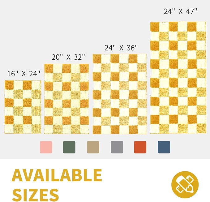 CozeCube Harvest Gold Checkered Bath Mat 47"x24" Non Slip Washable Rug | For Bathroom Non Slip, Fluffy Absorbent Microfiber Bath Mats Machine Wash, Stylish Long Aesthetic Bathroom Rugs
