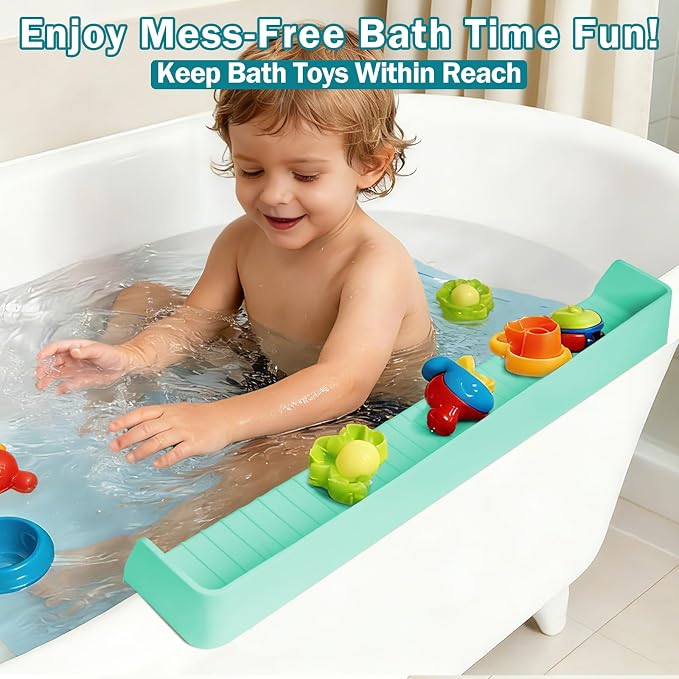 Bathtub Splash Guard for Tub Kids- Silicone Bath Play Shelf | 31" Extra Long Toy Tray & Caddy Holder, Prevent Water Spills & Messy Floors, Tub Edge Guard for Bathroom- Light Green