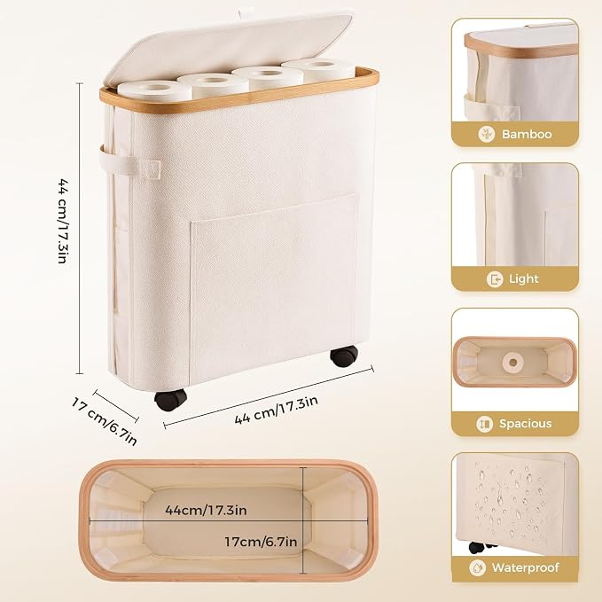 Toilet Paper Storage Organizer with Lid, 33L, Holds 16 Rolls, Grey (Beige) | Slim Foldable Design, Waterproof, with Lockable Wheels for Mobility, Ideal for Bathroom, Bedroom, Dorm, Laundry Room