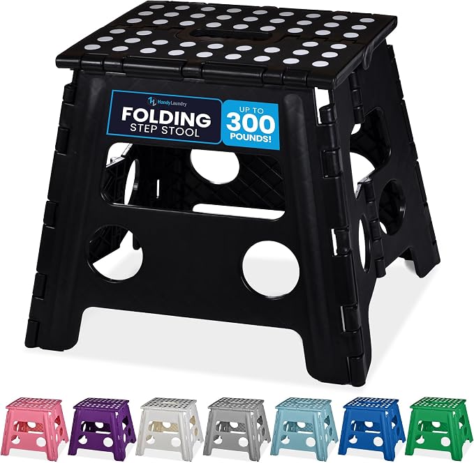 Handy Laundry Folding Step Stool 13 Inch, Black, Non-Slip Holds 300 lbs | 13 Inch, Black, Foldable Collapsible Step Stool, Non-Slip, Holds 300 lbs, Kitchen Bathroom Bedroom, Adults