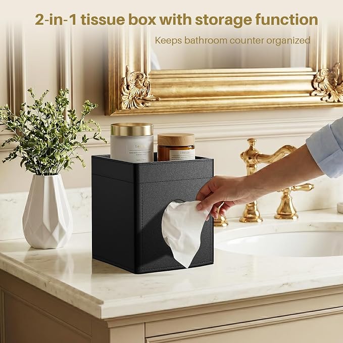 Square Tissue Box Holder with Storage Tray Tissue Box Cover, Tissues Cube Boxes Cover for Nightst, Dining Table, Dressing Table, Tea Table, Coffee Bar (Black)