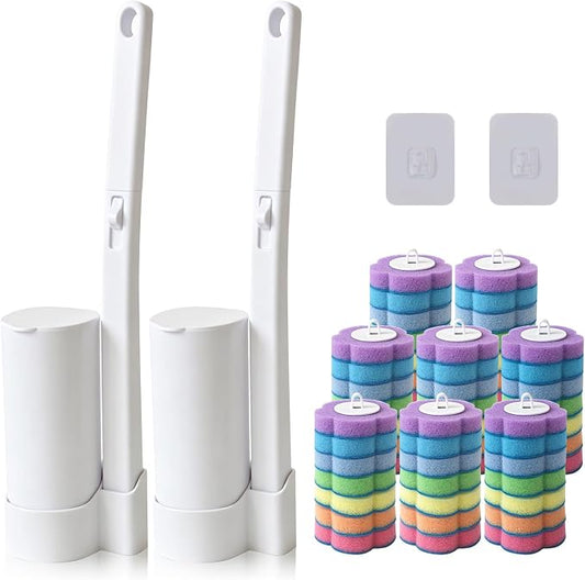 2-Pack Disposable Toilet Brush with 56 Refills, Toilet Cleaning System Starter Kit,Wall-Mounted Space-Saving Brush Set for Deep Bathroom, RV, and Home Cleaning