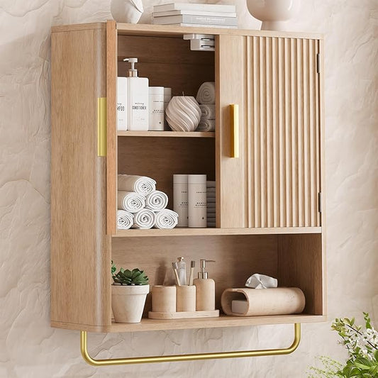 Bathroom Wall Cabinet, Medicine Cabinet with Fluted Door & Adjustable Shelf | Over The Toilet Storage Cabinet with Towel Bar, Space-Saving Cabinet Wall Mount for Laundry Room, Kitchen, Living Room