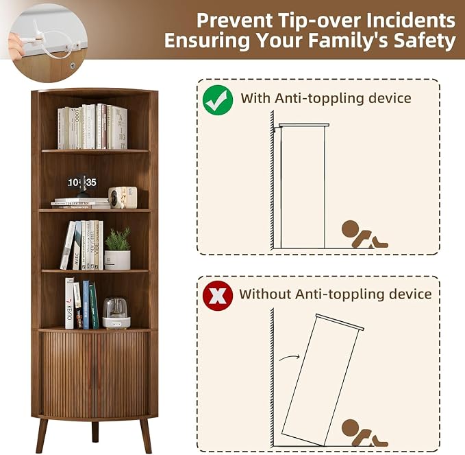 66'' Tall Corner Bookshelf with 2 Fluted Sliding Doors,Walnut | 5-Tier Corner Shelf, 5 Shelf Bookcase,Mid-Century Modern,Freestanding Display Storage Organizer for Living Room,Office