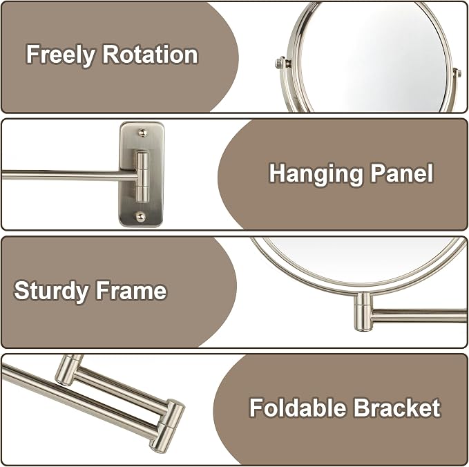JANEEVA 8" Wall Mounted Makeup Mirror, 1X/10X Magnifying Mirror with 360° Extendable Arm, Double Sided Bathroom Vanity Mirror for Man & Woman (Brushed Nickel)