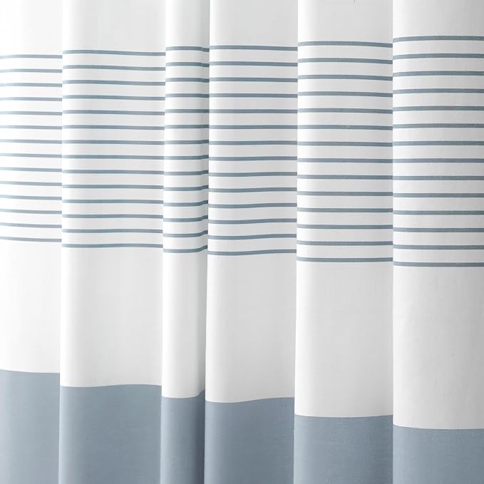 Blue Coastal Ocean Cotton Striped Shower Curtain with Tassel 72"W X 72"L | Boho Farmhouse Shower Curtains for Bathroom with Soft Cotton Feel
