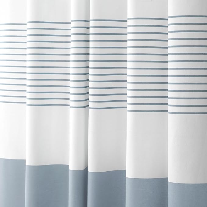 Blue Coastal Ocean Cotton Striped Shower Curtain with Tassel 72"W X 84"L | Extra Long Boho Farmhouse Shower Curtains for Bathroom with Soft Cotton Feel