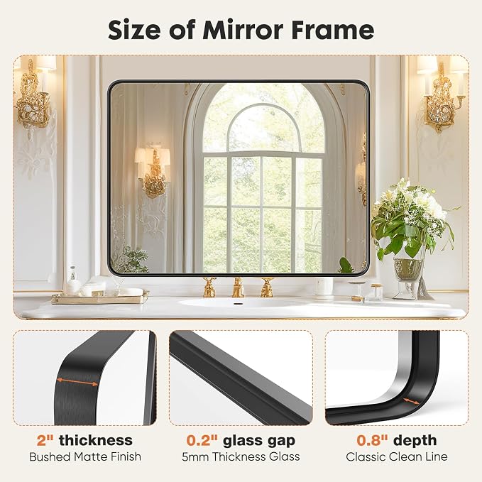 Sweetcrispy Bathroom Mirror 30x22 Inch, Vanity Mirror for Wall | Metal Framed Rounded Rectangle, Over Sink, Farmhouse Restroom, Anti-Rust, Horizontal or Vertical Hanging, Black