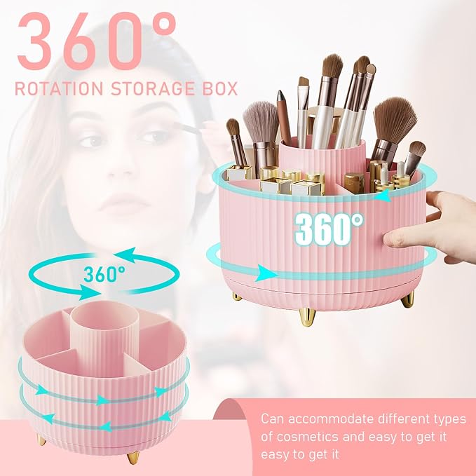 Makeup Brush Holder Organizer,360° Rotating Makeup Brush Organizer,5 Slot Make up Brushes Cup for Cosmetics, Nail Polish, Art Supply, Bathroom Vanity Desktop Organizer - Pink
