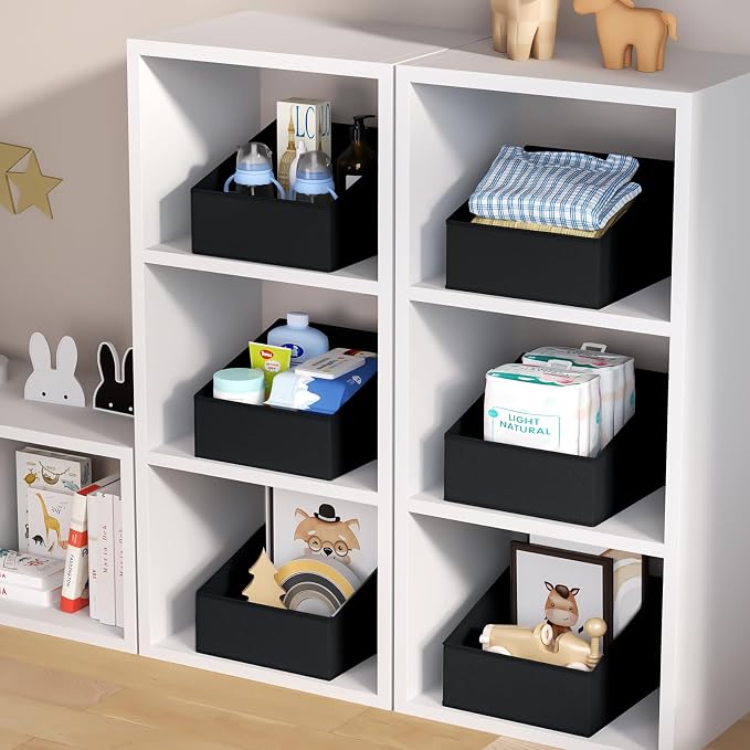 DIMJ Closet Storage Bins 8 Pack - Fabric Trapezoid Closet Organizer Bin, Foldable Storage Baskets for Shelves, Closet Shelf Organizer, Clothing Storage Box for Toys, Books, Towel, Clothes, Black