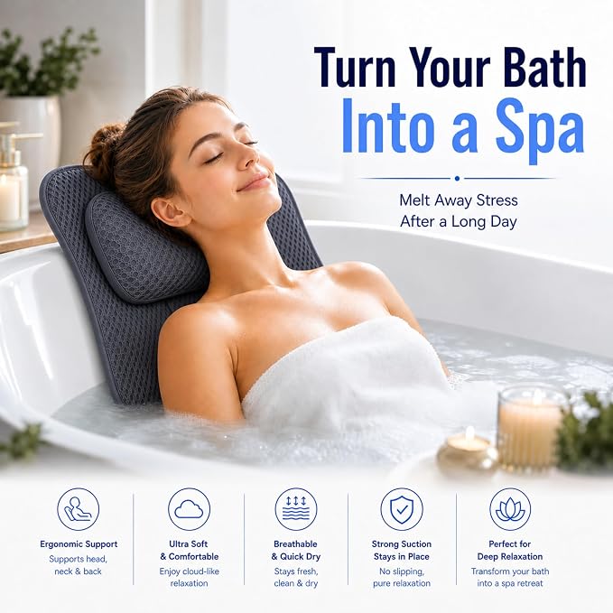 Bath Tub Pillow, Extra Thick Luxury Cushion with Strong Suction Cups for Head, Neck & Back Support, Breathable Spa Pillow for Relaxing Night Bath (Black)