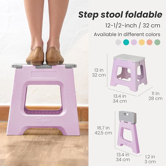 Vigar Compact Folding Step Stool, 12-1/2 in, Purple | 12-1/2 in Foldable Stool, Lightweight Portable Design, Handle, Non Slip Surface, Space-Saving, Supports up to 330 lb