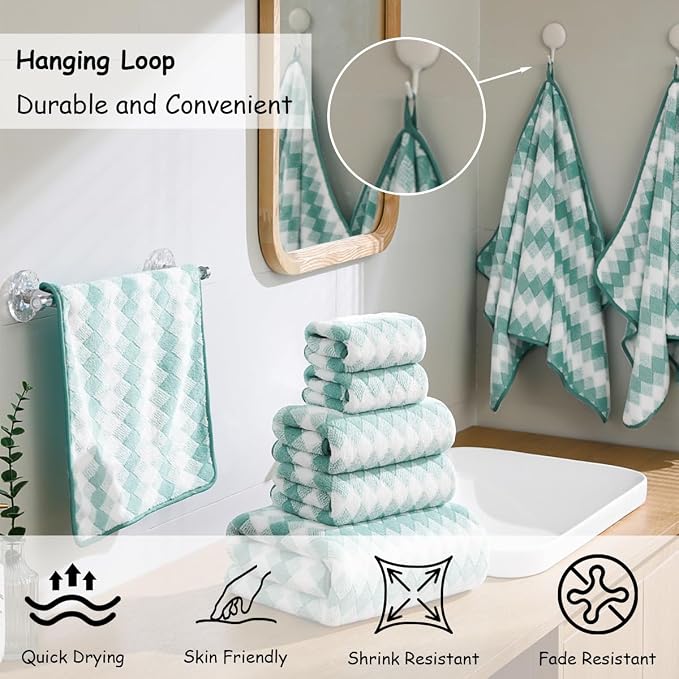 12 Pcs Turquoise Diamond Towel Set-4 Bath Towels,4 Hand Towels,4 Washcloths Soft Polyester Towels with Loop Absorbent Shower Towel Quick Dry Beach Chair Towel Family Towels for Bathroom Spa Gym Pool