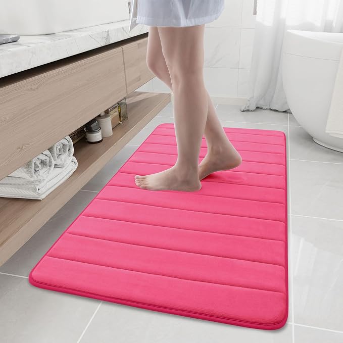 Buganda Memory Foam Bath Mat 47 x 24, Ultra Soft Absorbent Bathroom Rugs | Deep Pink, Machine Washable Quick Dry Bath Mats for Bathroom Floor, Shower and Tub, Home Decor Accessories