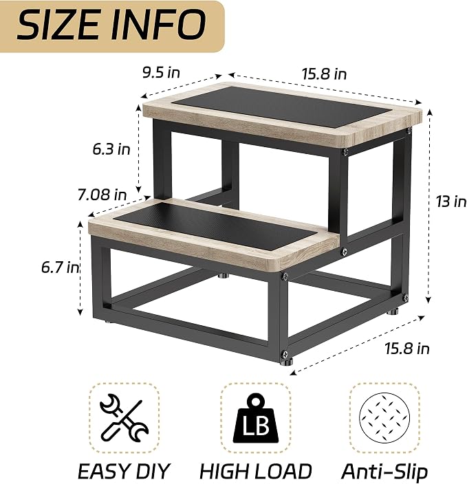 SZLHANJZ Step Stool, Wood & Metal Step Stools for Adults Kids, 500 LB Load | 2 Steps for Adults Kids, Bedside Stepping Stool for High Bed with Round Corners, Step Foot Stool for Kitchen Bedroom, Beige