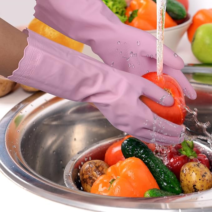 Bamllum Kitchen Cleaning Gloves, Latex-Free, Cotton Flocked Liner, Medium | 2 Pairs of Reusable Dishwashing Gloves with a Textured Non-Slip Grip, in Pink and Blue