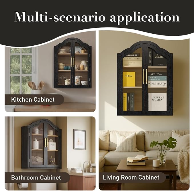 Arched Wall Cabinet Above Toilet Cabinet Set of 2, 31.5×23.6 Inch Wall Mounted Cabinets with Tempered Glass Doors & Adjustable Shelves for Laundry Room, Kitchen, Bathroom (2PCS, Black)