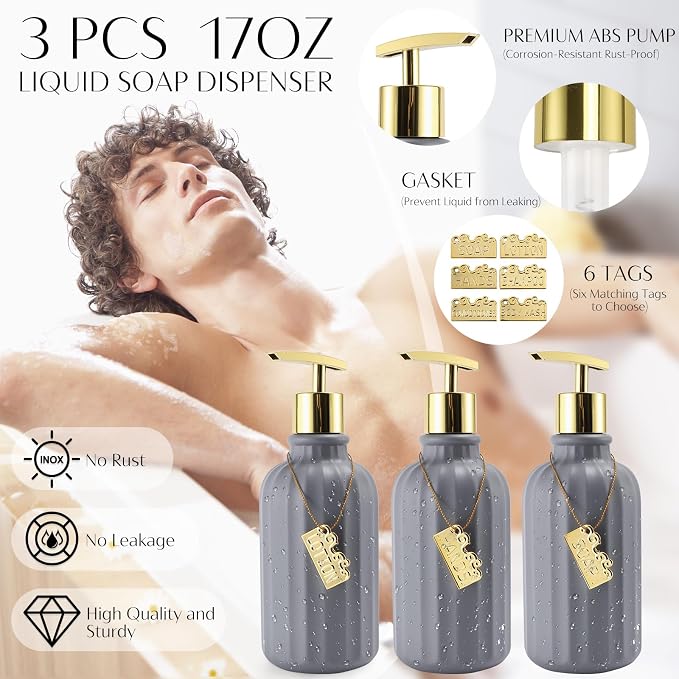 17PCS Bathroom Accessories Set, Gray Bathroom Set Bathroom Accessories Set with Trash Can, Toilet Brush, Toothbrush Holder, Qtip Holder & 3PCS Soap Dispenser
