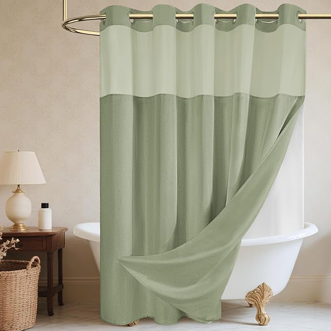 WONICY No Hook Shower Curtain with Snap-in Liner, Sage Green, 71 x 80 | Ringless, Waterproof & Washable, Hotel Style, Mesh Top Window, Bottom Magnets, Thick, Farmhouse, for Bathroom