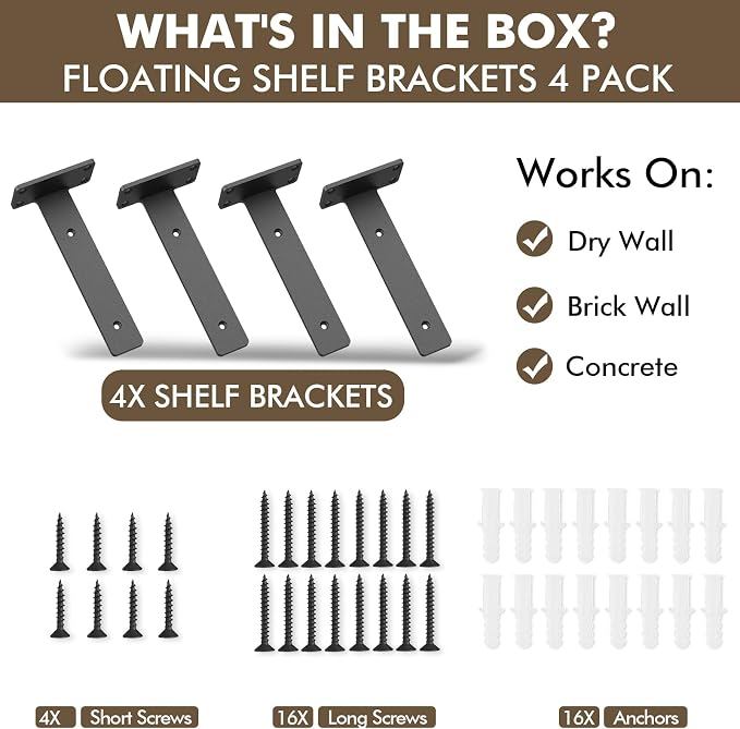 4 Pack Heavy Duty Metal Shelf Brackets 14 inch Long,Black | L-Shaped Wall Shelf Bracket Hidden & Decorative Shelf Bracket,1/5”-Thick,150 lbs of weight capacity