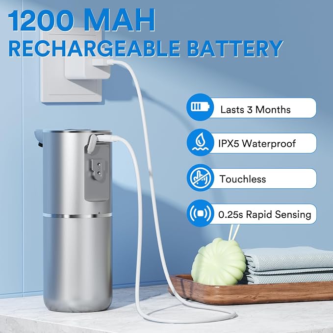 Automatic Foaming Soap Dispenser Touchless, Rechargeable Electric Hand ＆ Dish Soap Dispenser for Bathroom and Kitchen - Smart Digital Display, 6 Adjustable Level, 380ml, Wall Mounted, IPX5