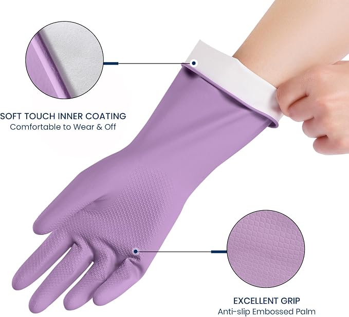 Rubber Cleaning Gloves for Dishwashing, 12 Pairs Reusable Kitchen Gloves for Washing Dishes and Household Cleaning, Colorful Gloves with Flocked Lining and Non-Slip Grip, Perfect for Women Men - L