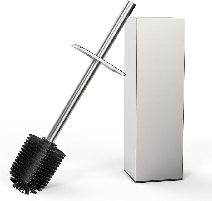 RUACQ Toilet Brush and Holder Set, Square, Brushed Nickel | SUS304 Stainless Steel Handle, Toilet Cleaner Brush with Durable Scrubbing Bristles, Splash-Proof