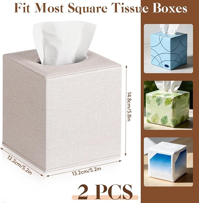 VZZNN 2 Pack Tissue Box Cover Square - Modern Cube Tissue Holder with Magnetic Base, Decorative Tissue Organizer for Bathroom Vanity, Dresser, Countertop, Bedroom, Office, and Car, Beige