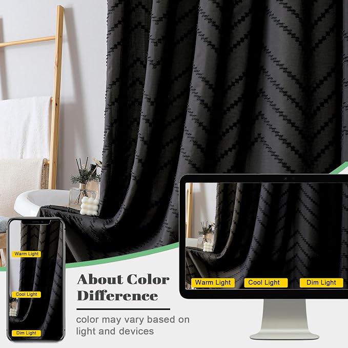 Boho Shower Curtain, Black Fabric Cloth Shower Curtains Farmhouse Tufted Chevron Striped Textured with Tassel for Bathroom, Soft Hotel Style Modern Minimalist, Machine Washable, 72x72, Black