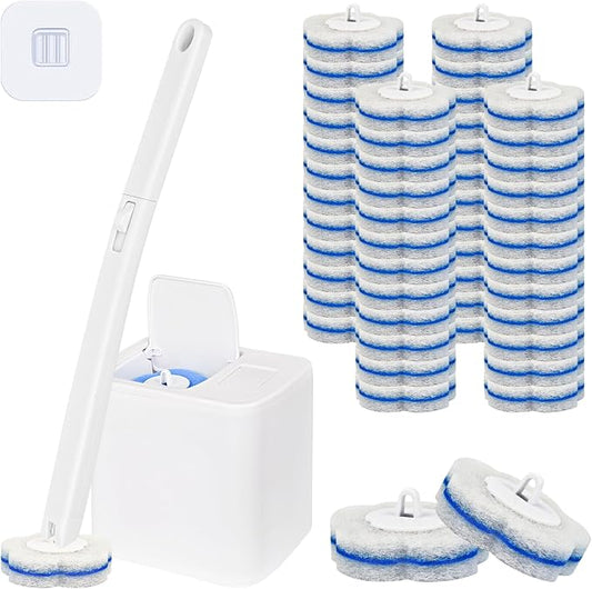 Disposable Toilet Brush System & 48 Scrubbing Refills with Cleaner - All-in-One Toilet Wand Starter Kit, Wall-Mounted Holder, Essential Toilet Cleaning Supplies for Bathroom Deep Clean & Hygiene